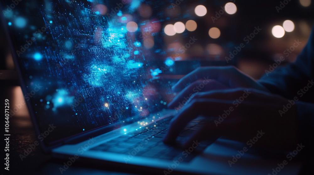 Hands Typing on Laptop with Digital Data Flowing on Screen Hands Typing on Laptop with Digital Data Flowing on Screen