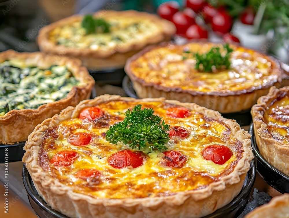 Various quiches such as Quiche Lorraine and vegetables