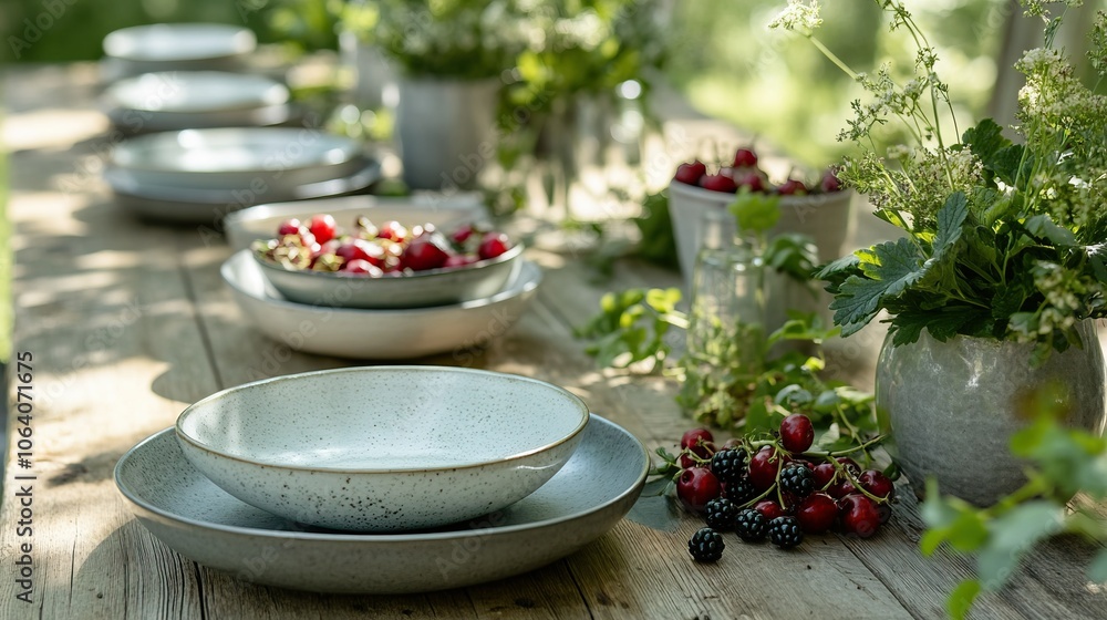 Rustic outdoor dining table with ceramic plates and fresh berries in a sunlit garden reflecting cottagecore aesthetic and countryside charm Rustic outdoor dining table with ceramic plates and fresh berries in a sunlit garden reflecting cottagecore aesthetic and countryside charm