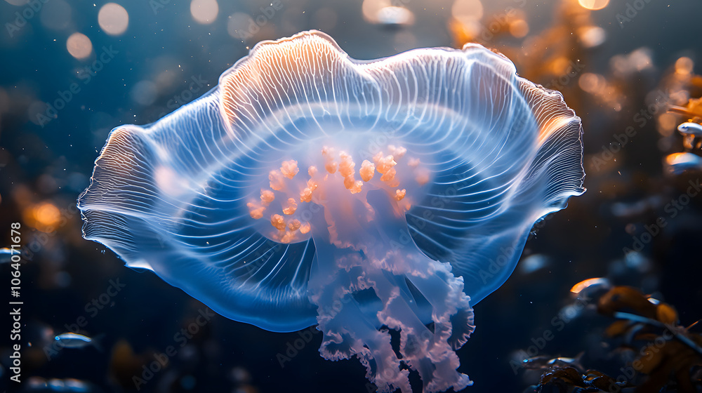 Fototapeta premium Enchanting Underwater Vision of a Blue Moon Jellyfish Gliding Elegantly Through a Sunlit Bay Filled with Playful Schools of Fish