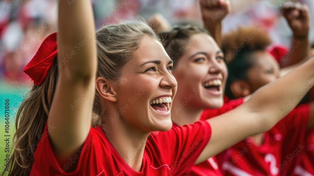 Fototapeta premium Ecstatic fans celebrating victory in red team jerseys at a sports event