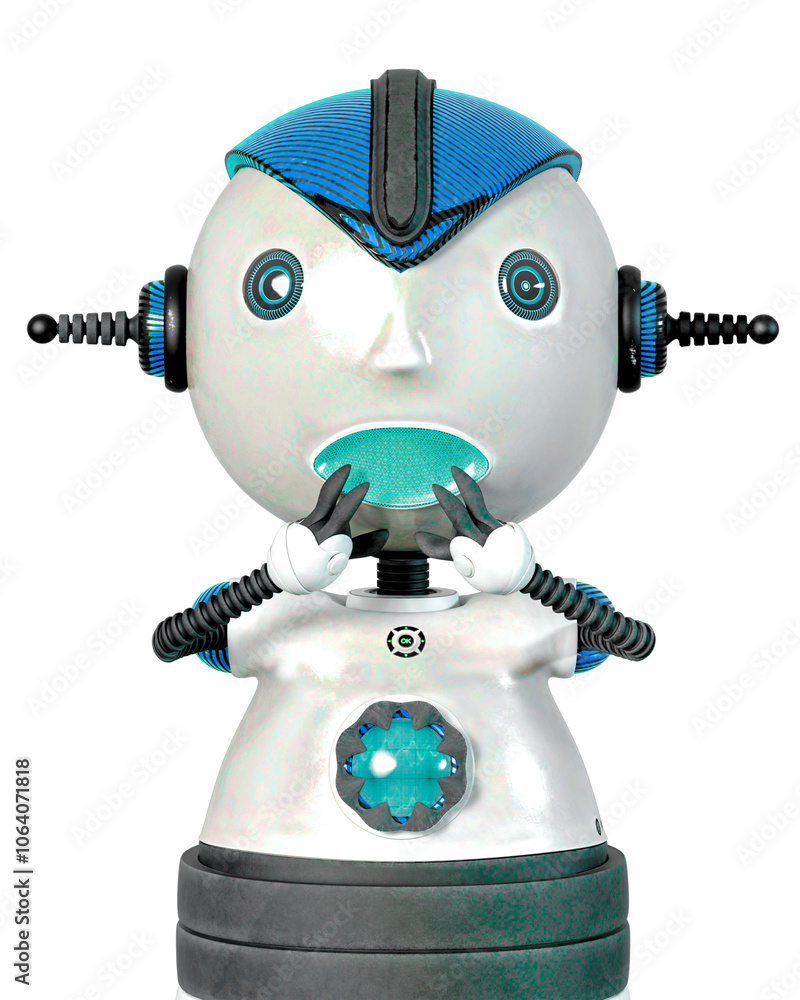 float robot is in panic on white background in close up view