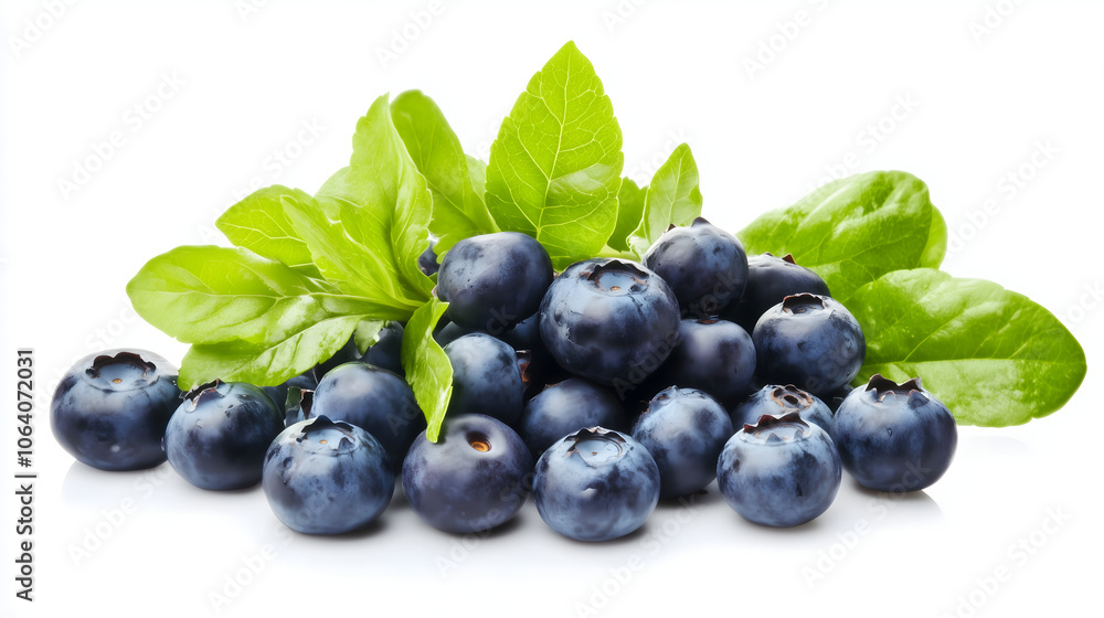 Blueberries and fresh spinach leaves, healthy mood, isolated on white background Blueberries and fresh spinach leaves, healthy mood, isolated on white background