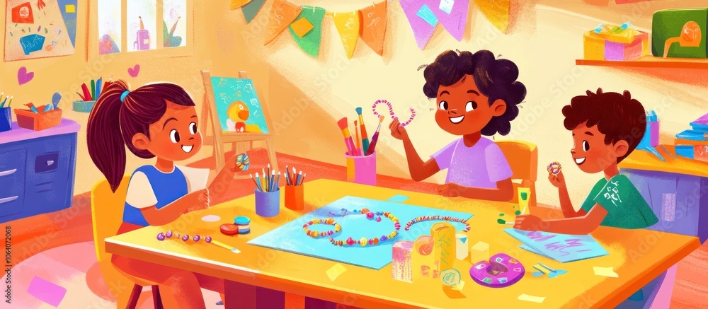 Three kids sitting at a table with craft supplies, making jewelry and drawing. Three kids sitting at a table with craft supplies, making jewelry and drawing.