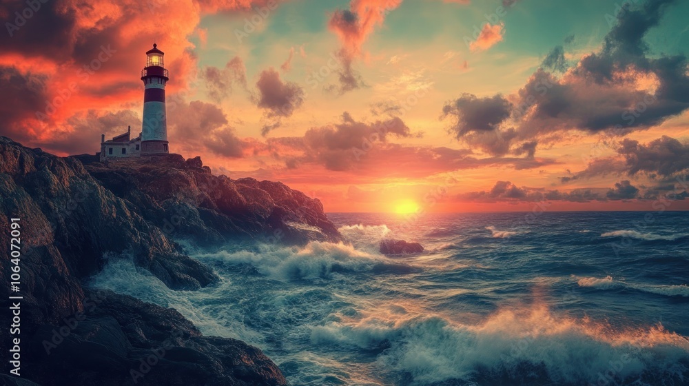 A lone lighthouse stands tall on a rocky cliff overlooking a stormy sea at sunset. The sky is ablaze with vibrant colors, creating a dramatic and inspiring scene. A lone lighthouse stands tall on a rocky cliff overlooking a stormy sea at sunset. The sky is ablaze with vibrant colors, creating a dramatic and inspiring scene.