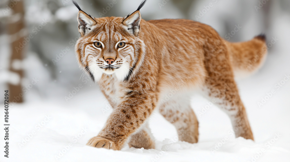 Lynx Stalking in Snowy Woods with Intense Focus Lynx Stalking in Snowy Woods with Intense Focus