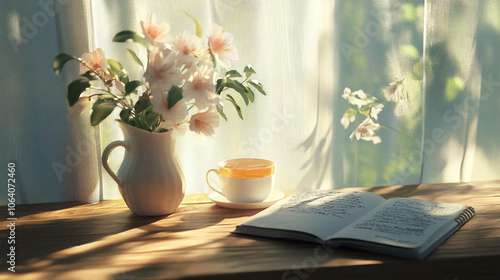 Wallpaper Mural Sunlit Morning Tea with Flowers  Book  and Cup on Windowsill Torontodigital.ca