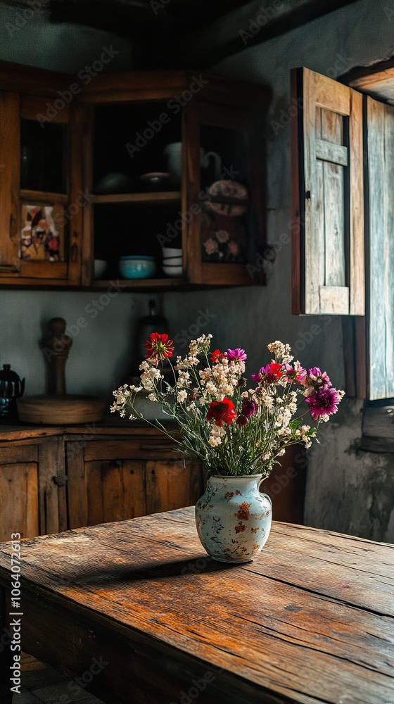 A sun-drenched country kitchen with wooden cabinets and wildflowers in a vase embodies cottagecore aesthetics and rural charm. A sun-drenched country kitchen with wooden cabinets and wildflowers in a vase embodies cottagecore aesthetics and rural charm.