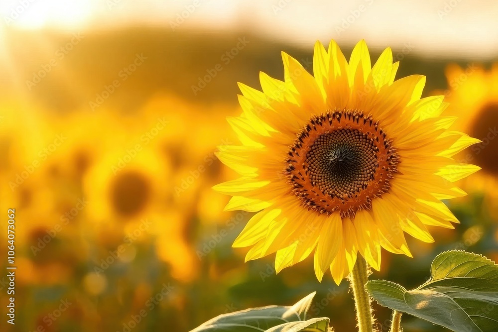 Fototapeta premium A vibrant sunflower basking in the sunlight, surrounded by a field of blooming sunflowers. A symbol of joy and summer.