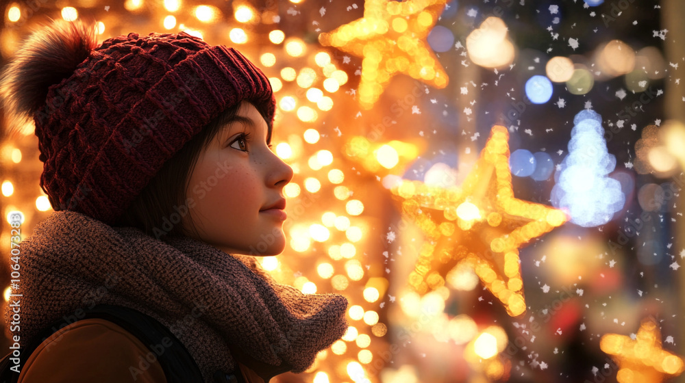 Winter Wonderland  Young Woman Gazing at Christmas Lights