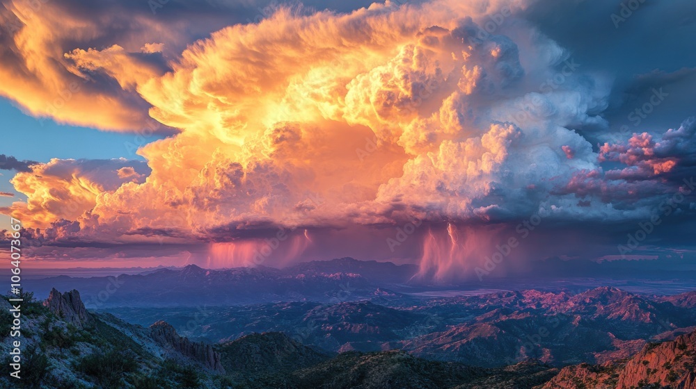 Naklejka premium A dramatic storm cloud with a fiery orange glow illuminates the sky, with rain falling on the distant mountains.