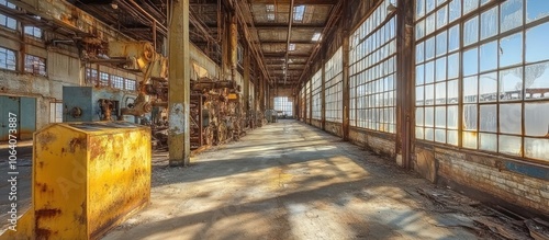 Sunbeams illuminate the dust-covered floor of an abandoned factory.