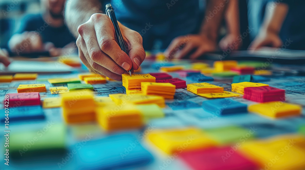 Obraz premium A person writes on a colorful sticky note during a group brainstorming session in a vibrant workspace filled with creative ideas