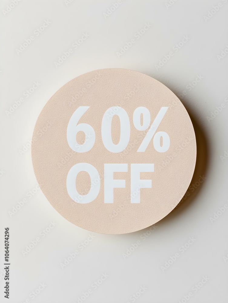 White '60% OFF' Text on a Beige Round Paper Note. White Background White '60% OFF' Text on a Beige Round Paper Note. White Background
