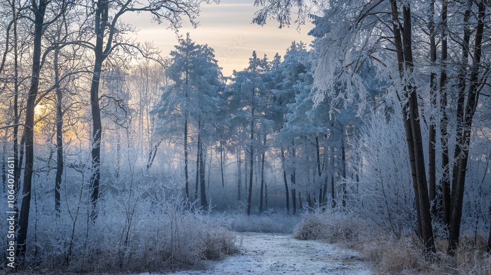 Obraz premium Winter Forest Wonderland A path leads through a frost-covered forest at sunrise.