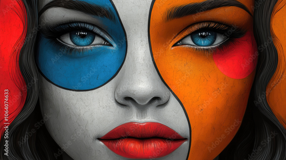 The artwork showcases a woman with striking blue and orange facial designs, highlighting her captivating blue eyes and bold red lips The artwork showcases a woman with striking blue and orange facial designs, highlighting her captivating blue eyes and bold red lips
