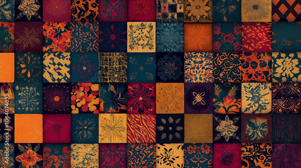Vibrant Indian-Inspired Geometric Pattern: A Colorful Array Of Squares, Triangles, Circles, Flowers, Leaves, And Vines In Traditional Hues Of Red, Orange, Blue, Green, Purple, Gold, And Bronze, Featur Vibrant Indian-Inspired Geometric Pattern: A Colorful Array Of Squares, Triangles, Circles, Flowers, Leaves, And Vines In Traditional Hues Of Red, Orange, Blue, Green, Purple, Gold, And Bronze, Featur