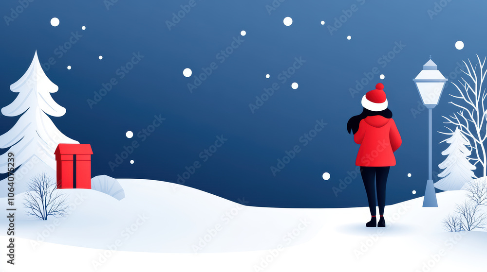 woman in red coat stands in snowy winter landscape, enjoying snowfall woman in red coat stands in snowy winter landscape, enjoying snowfall