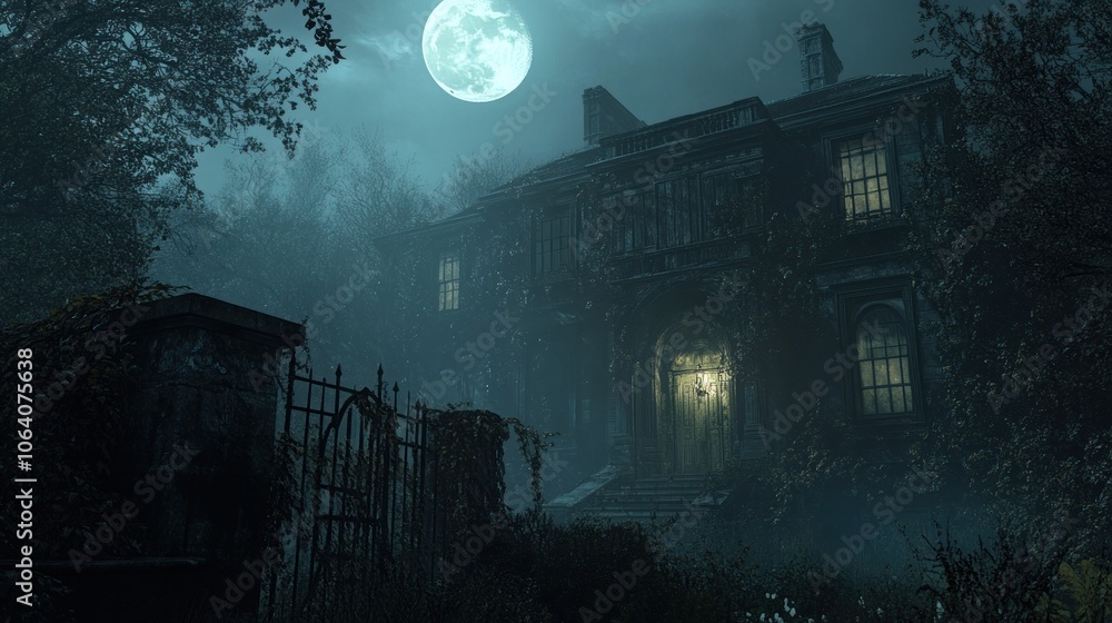 An old, abandoned house with a full moon in the background on a foggy night. An old, abandoned house with a full moon in the background on a foggy night.