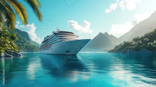 A large cruise ship sails through a tropical bay, with lush green mountains and palm trees on either side. The water is crystal clear and the sky is a bright blue.