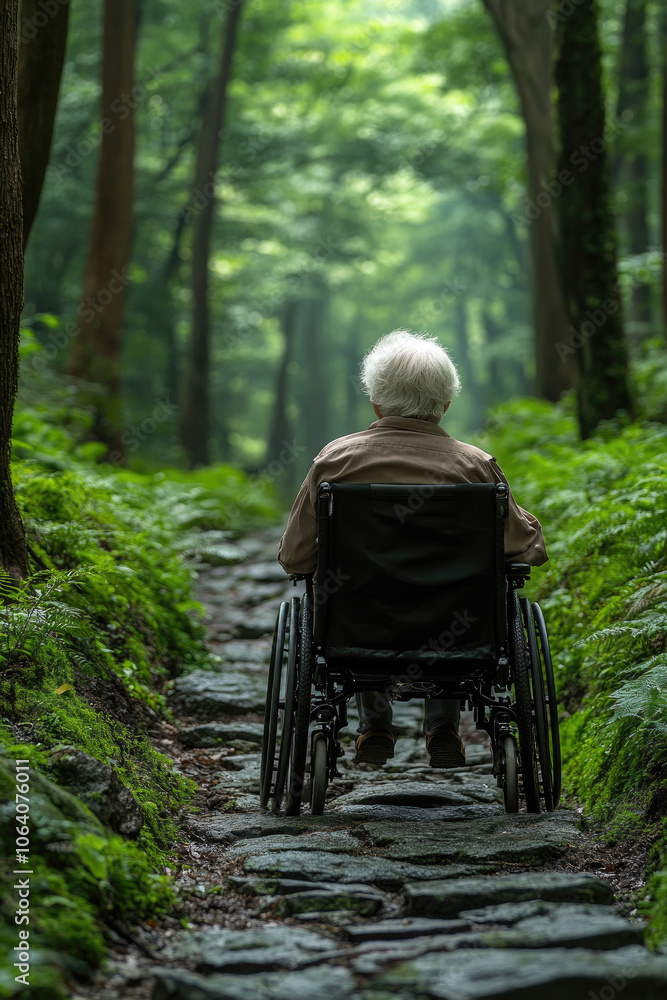 Fototapeta premium An elderly individual enjoys the tranquility of a forest path, surrounded by vibrant greenery and towering trees on a peaceful day