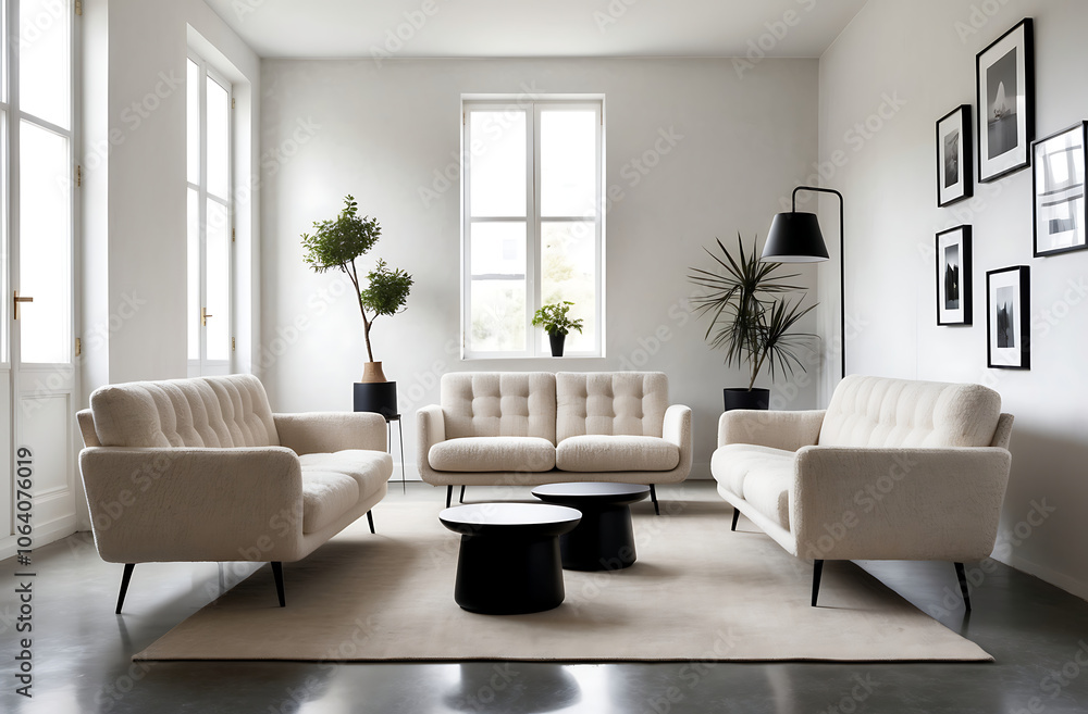 Fototapeta premium Minimalist, scandinavian home interior design of modern stylish living room with plush boucle sofas and black round coffee tables.