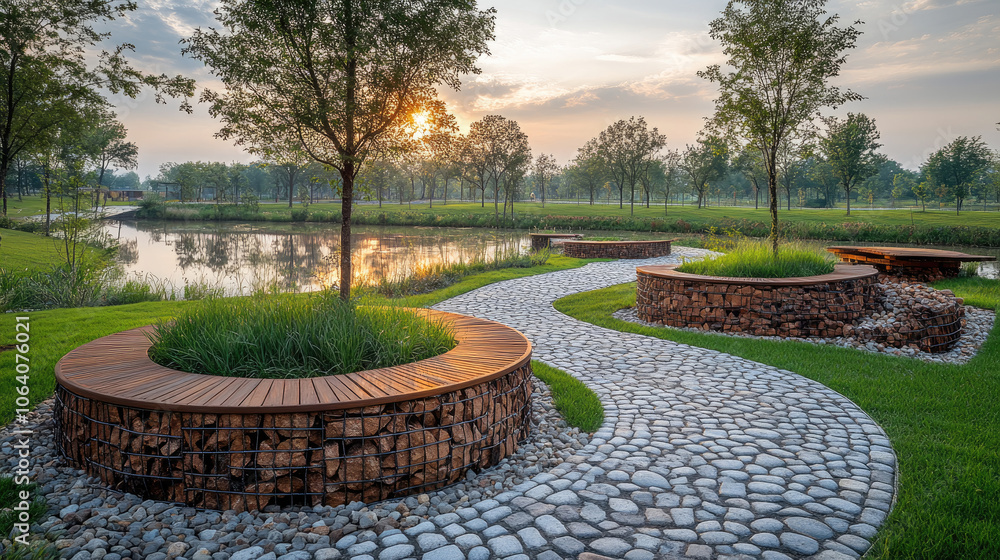 A winding stone pathway leads through a garden, bordered by trees, with a calm pond reflecting the vibrant colors of sunset A winding stone pathway leads through a garden, bordered by trees, with a calm pond reflecting the vibrant colors of sunset