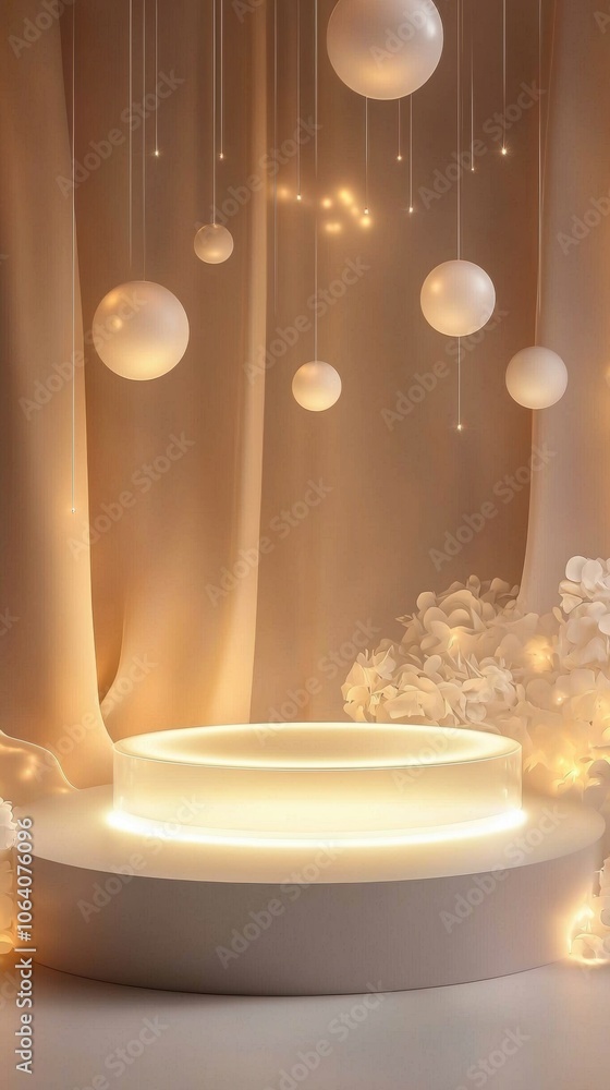 A white pedestal with a clear glass base and a white curtain behind it A white pedestal with a clear glass base and a white curtain behind it