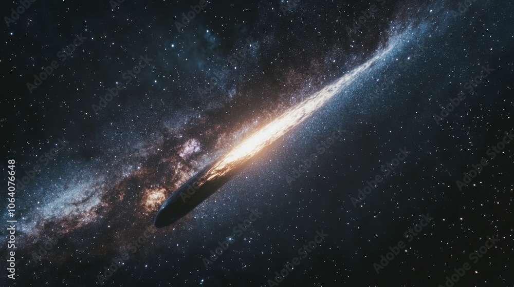 Fototapeta premium A glowing asteroid travels through a galaxy with stars in the background.