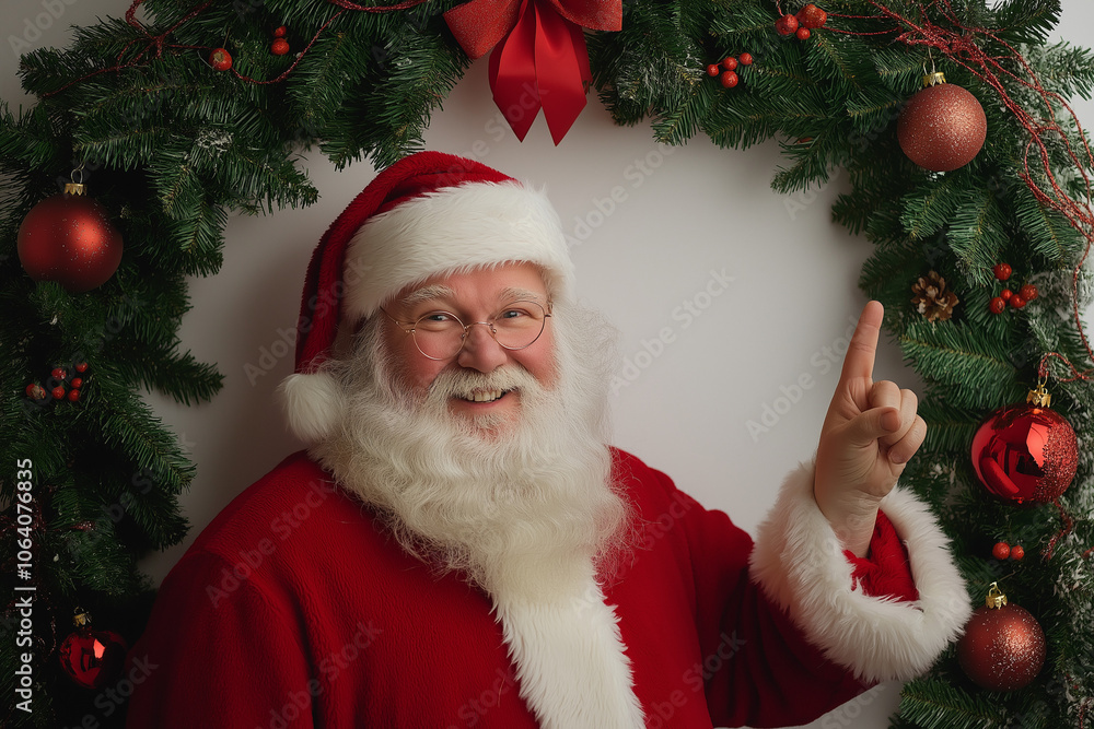 A Classic Portrait of Santa Claus Pointing Upward, Framed by Evergreen Branches, Red Ornaments, and a Beautiful Red Bow in Perfect Christmas Composition A Classic Portrait of Santa Claus Pointing Upward, Framed by Evergreen Branches, Red Ornaments, and a Beautiful Red Bow in Perfect Christmas Composition