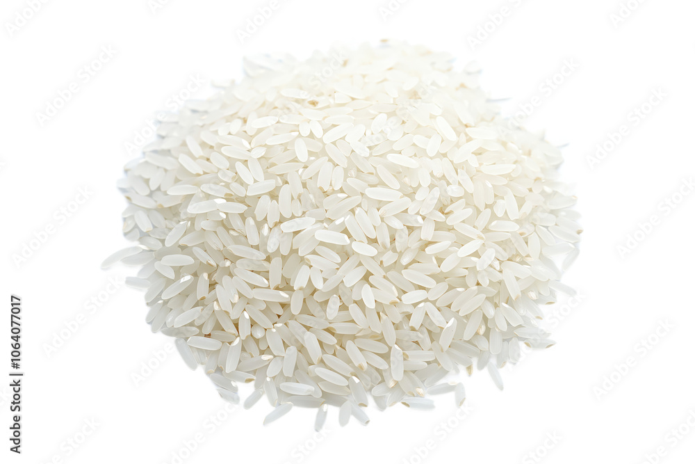 White rice grains scattered throughout frame. Close-up view of uncooked, fresh, and clean rice on isolated transparent background. Circular shape of rice pile creates depth and visual interest. White rice grains scattered throughout frame. Close-up view of uncooked, fresh, and clean rice on isolated transparent background. Circular shape of rice pile creates depth and visual interest.