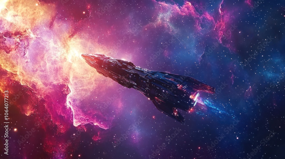 A spaceship flies through a nebula with stars and a pink and blue cloud of gas. A spaceship flies through a nebula with stars and a pink and blue cloud of gas.