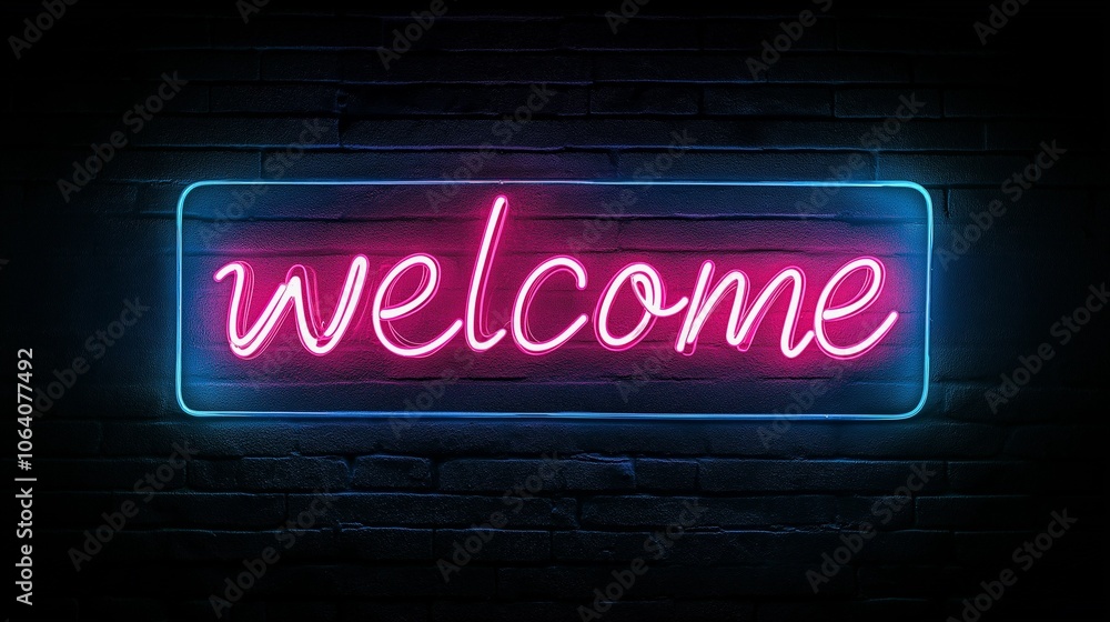 Bright neon welcome sign lighting up a brick wall in a cozy space during the evening hours Bright neon welcome sign lighting up a brick wall in a cozy space during the evening hours