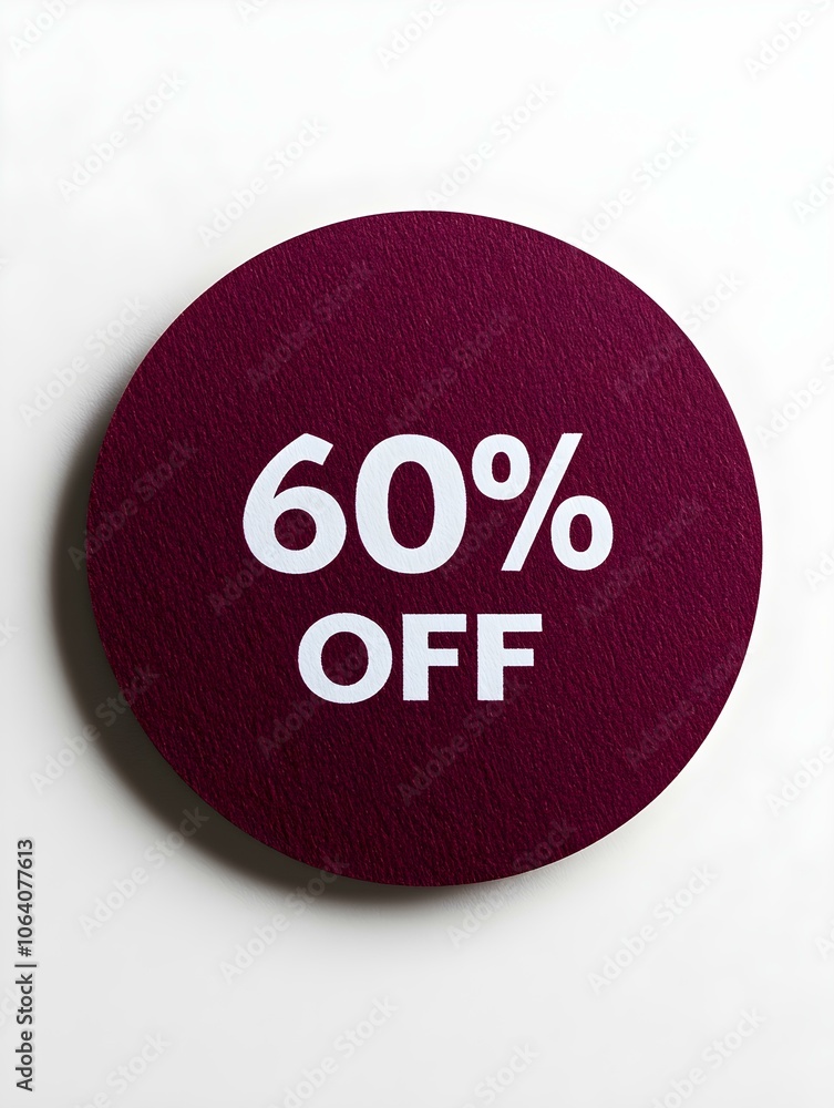 White '60% OFF' Text on a Burgundy Round Paper Note. White Background White '60% OFF' Text on a Burgundy Round Paper Note. White Background