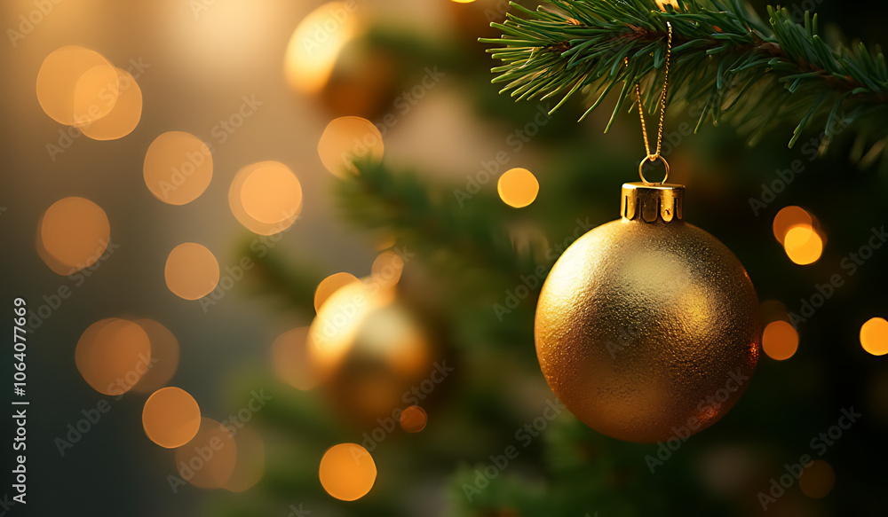golden ornament hangs christmas tree bokeh lights around beautiful illustration style design golden ornament hangs christmas tree bokeh lights around beautiful illustration style design