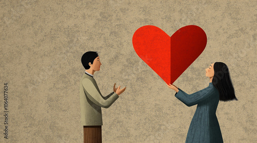 Foto A woman presents a large heart to a man in a warm, affectionate exchange set aga