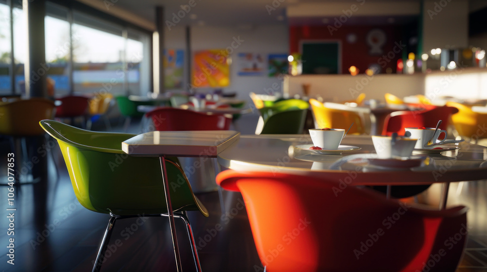 Modern cafeteria with colorful chairs and tables bathed in sunlight, creating a warm and inviting atmosphere. Modern cafeteria with colorful chairs and tables bathed in sunlight, creating a warm and inviting atmosphere.