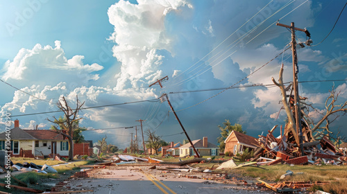 Residential street devastated by a tornado, with damaged homes, debris, and downed power lines under stormy skies. photo