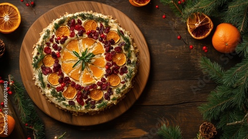 Traditional rosca de reyes with citrus and cranberries for kings day, epiphany celebration photo