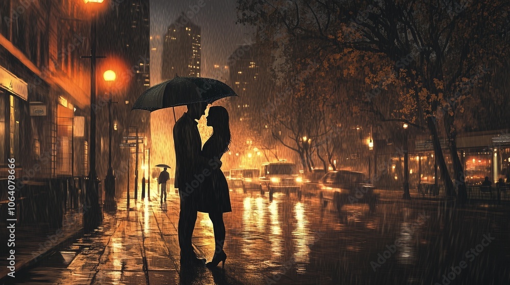 Fototapeta premium A romantic couple shares a kiss under an umbrella in a rainy city street at night, illuminated by streetlights and reflections