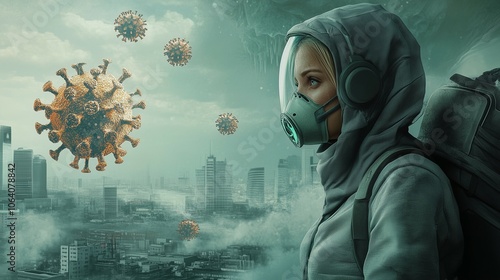 Woman in protective gear overlooking cityscape with floating virus particles, concept of survival in pandemic world