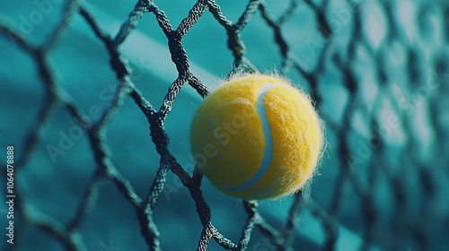 Tennis Ball in Net Close up Blue Background