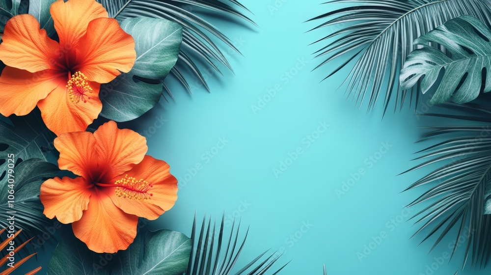 Fototapeta premium Tropical Floral Frame, A vibrant tropical floral frame featuring a white border set against a calming turquoise background