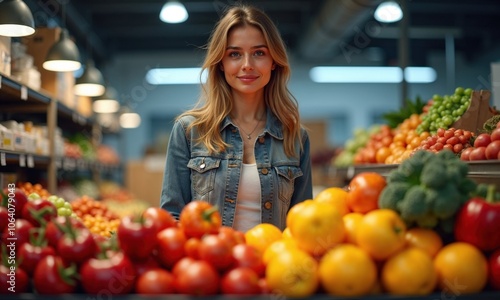 A young woman smiles warmly while standing in a vibrant produce market, surrounded by fresh fruits and vegetables