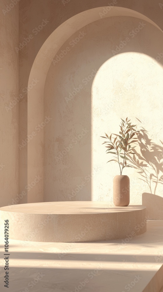 A vase with a plant in it sits on a pedestal in a room with a lot of light A vase with a plant in it sits on a pedestal in a room with a lot of light