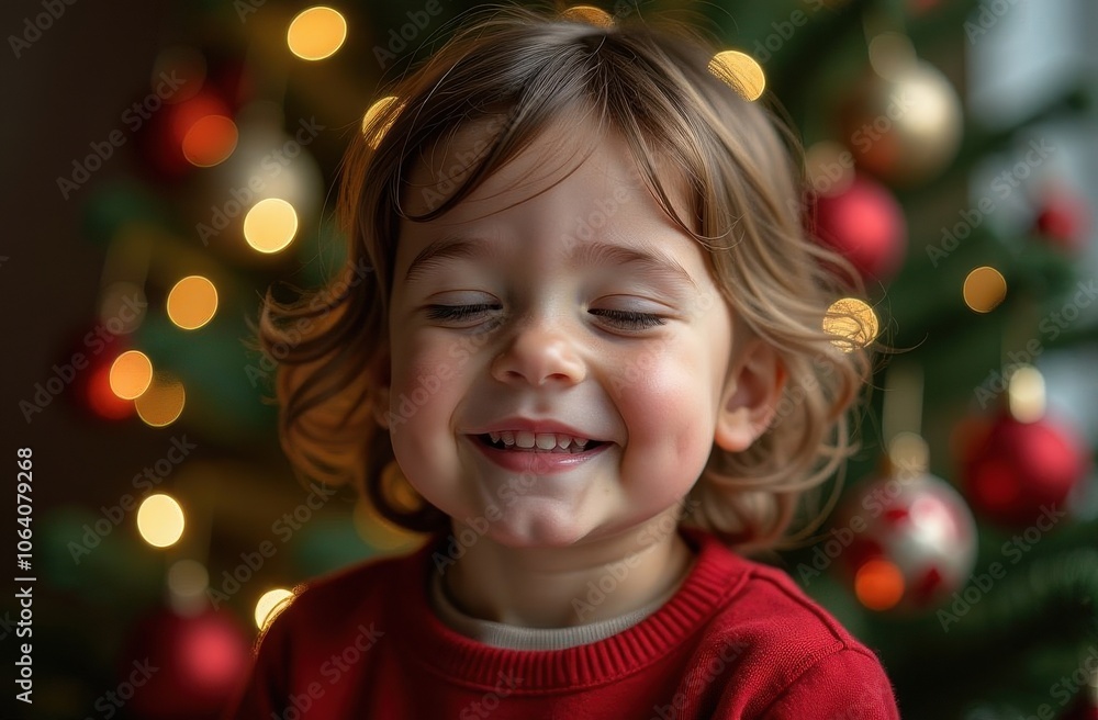A child with closed eyes dreaming of gifts and eagerly awaiting Santa Claus, with a beautifully decorated Christmas tree and glowing lights in the background A child with closed eyes dreaming of gifts and eagerly awaiting Santa Claus, with a beautifully decorated Christmas tree and glowing lights in the background