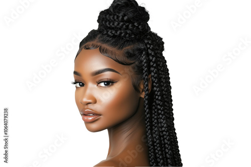 Close-up portrait of a black African woman with curly long braids in a high bun on isolated transparent background. Her dark hair contrasts with the vibrant green braid and neutral expression. photo