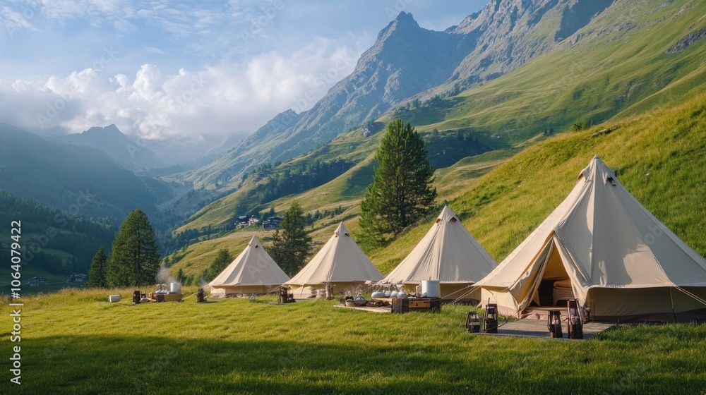 Four white bell tents on a green grassy hill with a mountain range in the background. Four white bell tents on a green grassy hill with a mountain range in the background.