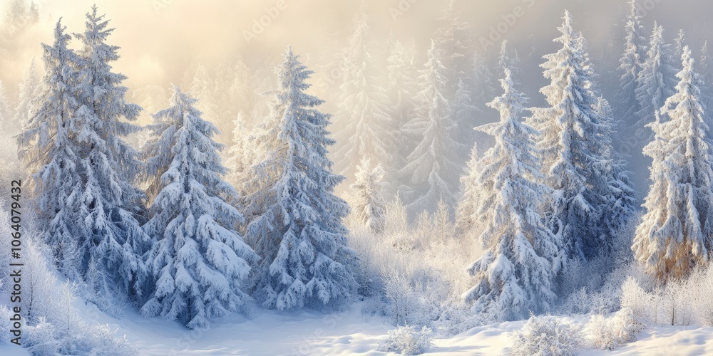 Beautiful snow-covered fir trees on a quiet, frosty morning with soft, diffused light shining through the mist, creating a magical, wintery scene in nature Beautiful snow-covered fir trees on a quiet, frosty morning with soft, diffused light shining through the mist, creating a magical, wintery scene in nature