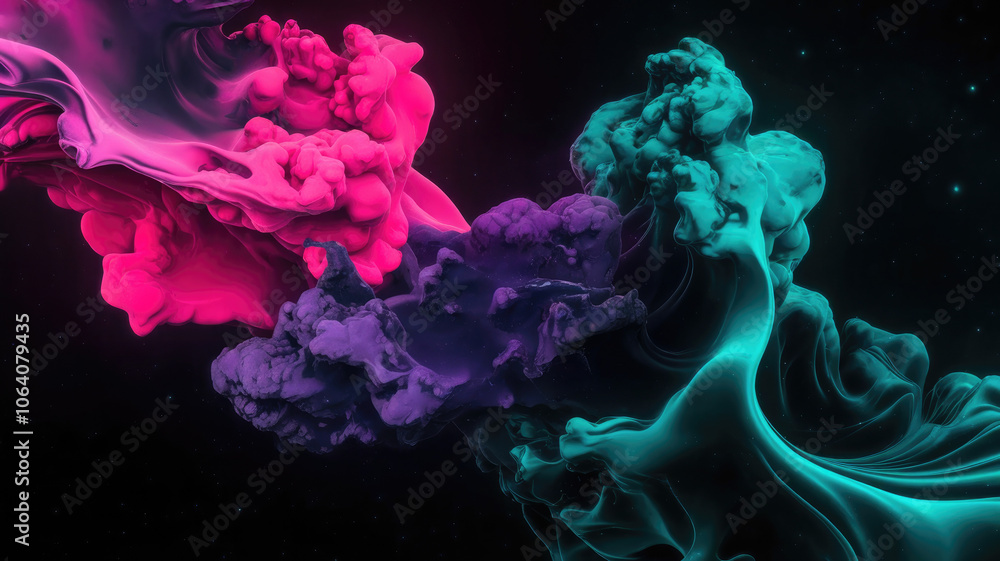 Obraz premium An abstract composition of swirling pink, purple, and teal smoke or paint against a dark, starry background, creating an ethereal and vibrant atmosphere.